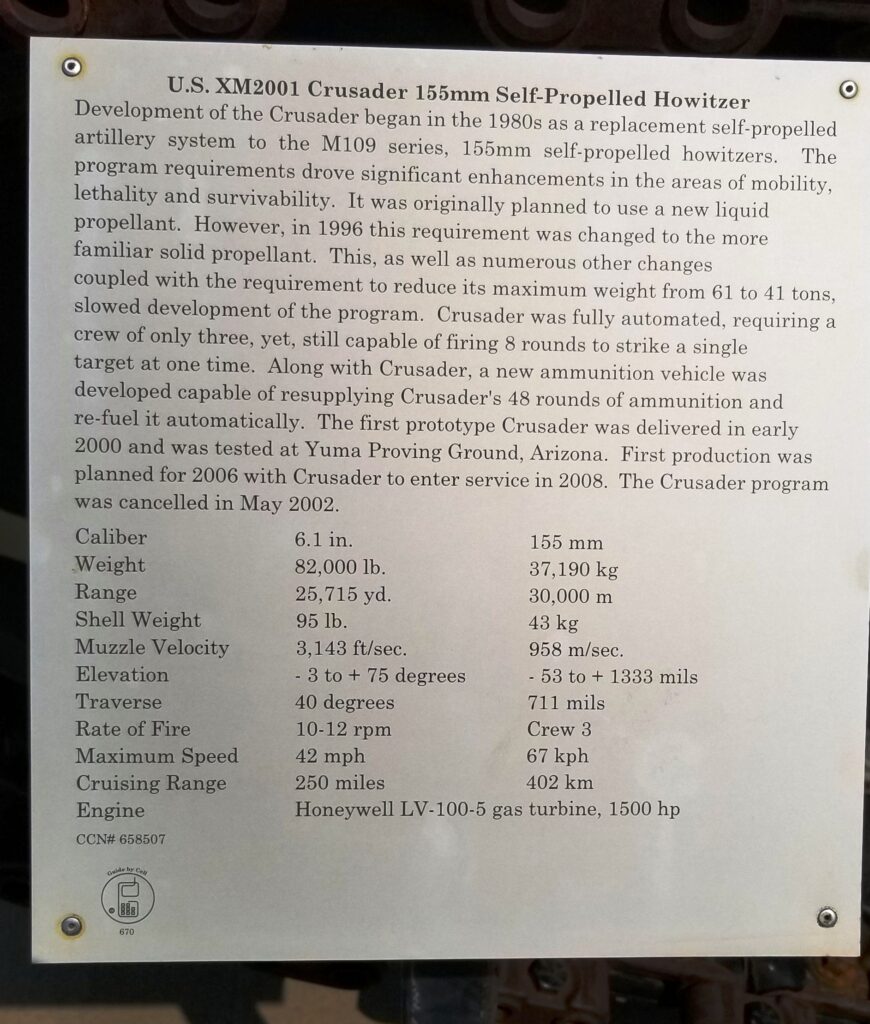 U.S. XM2001 CRUSADER 155MM SELF-PROPELLED HOWITZER MEMORIAL PLAQUE