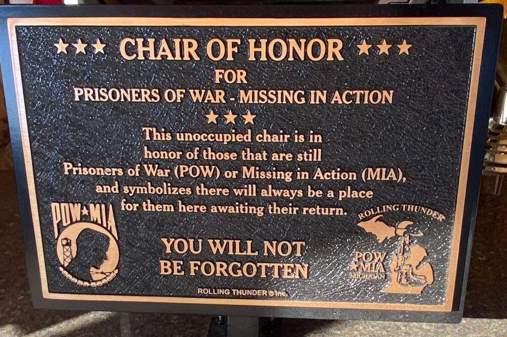 BELDING POW MIA WAR MEMORIAL CHAIR PLAQUE