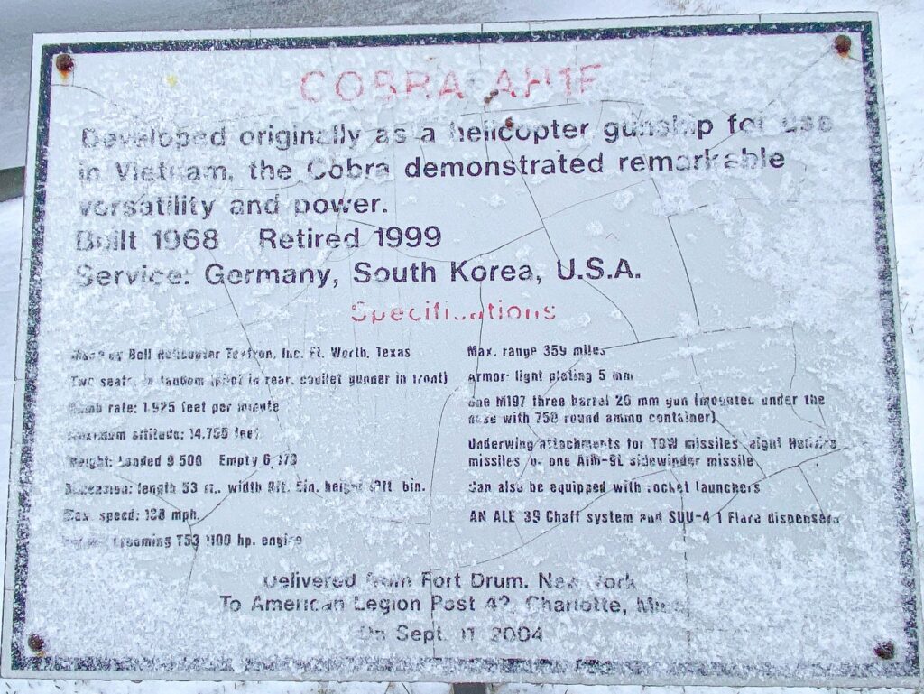 COBRA AH1E WAR MEMORIAL HELICOPTER PLAQUE