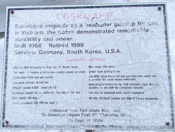 COBRA AH1E WAR MEMORIAL HELICOPTER PLAQUE