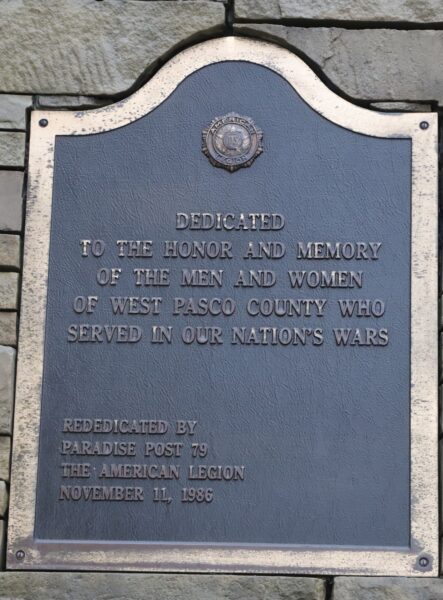 WEST PASCO COUNTY WAR VETERANS MEMORIAL PLAQUE