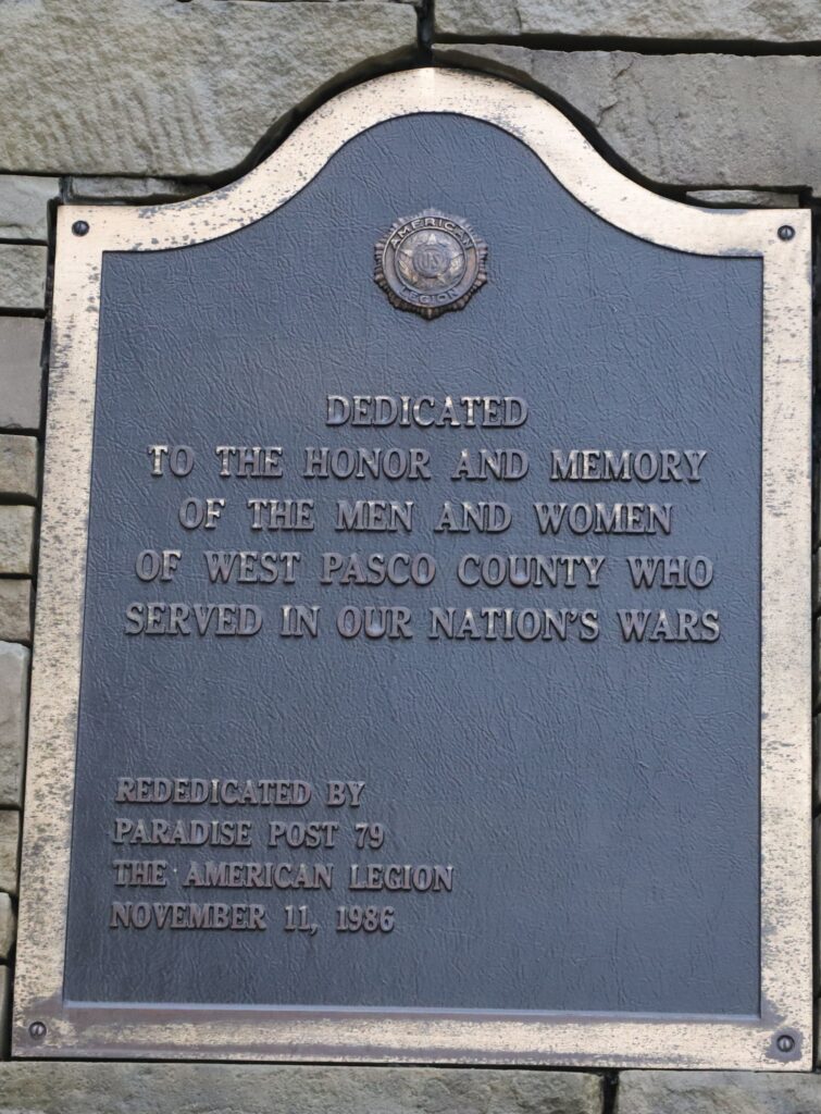 WEST PASCO COUNTY WAR VETERANS MEMORIAL PLAQUE