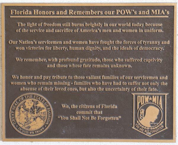 FLORIDA HONORS AND REMEMBERS OUR POW’S AND MIA’S MEMORIAL PLAQUE LUTZ