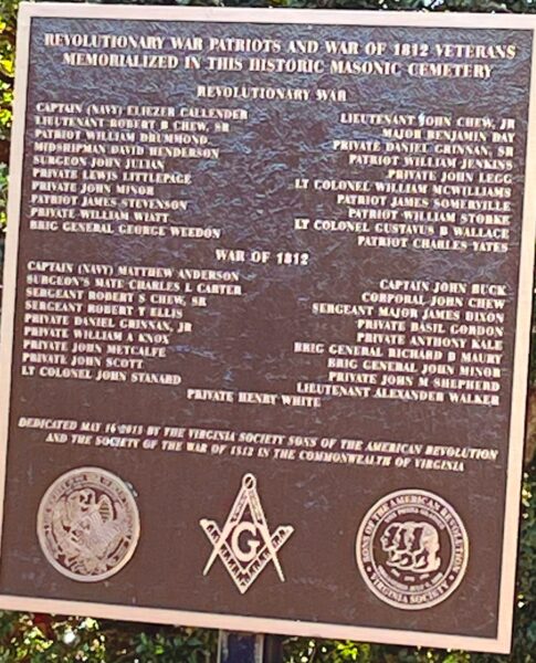 REVOLUTIONARY WAR PATRIOTS AND WAR OF 1812 IN MASONIC CEMETERY MEMORIAL PLAQUE