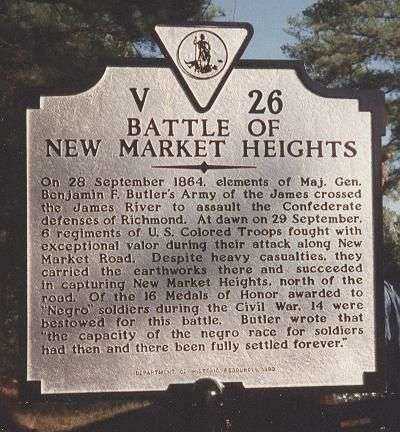 BATTLE OF NEW MARKET HEIGHTS MEDAL OF HONOR MEMORIAL MARKER
