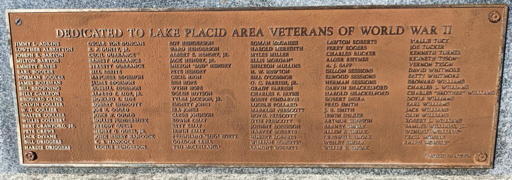 DEDICATED TO LAKE PLACID AREA VETERANS OF WORLD WAR II MEMORIAL PLAQUE