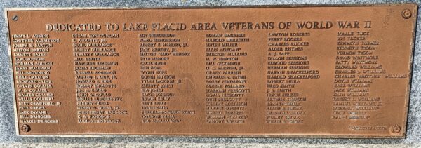 DEDICATED TO LAKE PLACID AREA VETERANS OF WORLD WAR II MEMORIAL PLAQUE