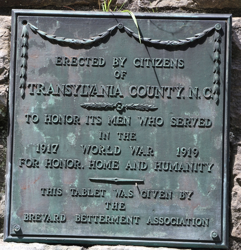 TRANSYLVANIA COUNTY WORLD WAR MEMORIAL PLAQUE