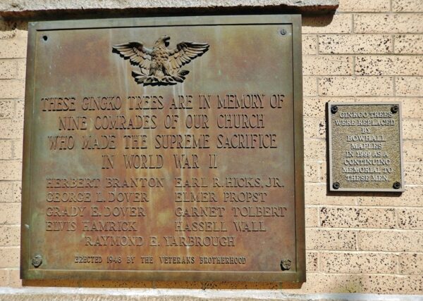 FIRST BAPTIST CHURCH WORLD WAR II SUPREME SACRIFICE MEMORIAL TREES PLAQUE