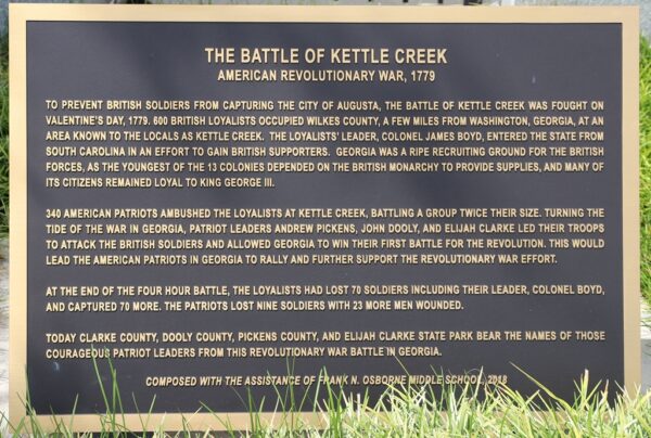 THE BATTLE OF KETTLE CREEK WAR MEMORIAL PLAQUE