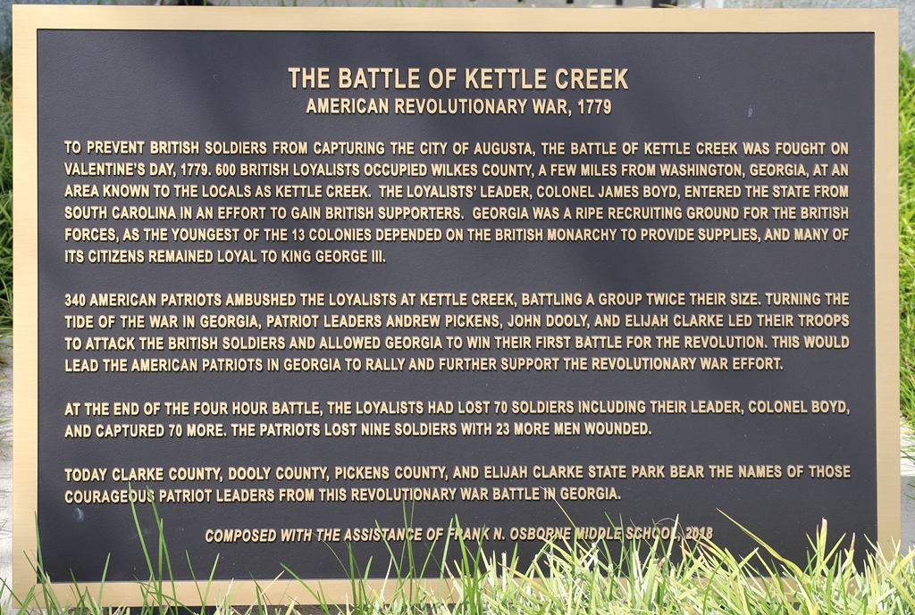 THE BATTLE OF KETTLE CREEK WAR MEMORIAL PLAQUE