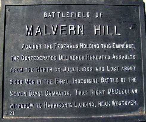 BATTLEFIELD OF MALVERN HILL WAR MEMORIAL PLAQUE