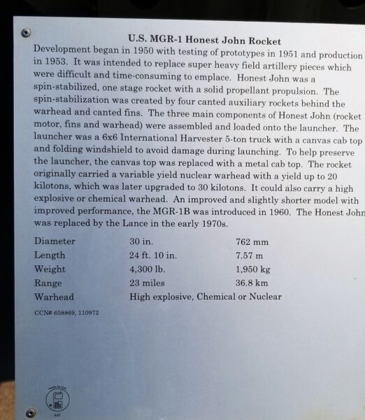 U.S. MGR-A HONEST JOHN ROCKET MEMORIAL PLAQUE