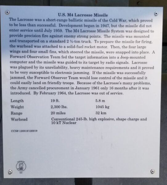 U.S. M4 LACROSSE MISSILE MEMORIAL PLAQUE