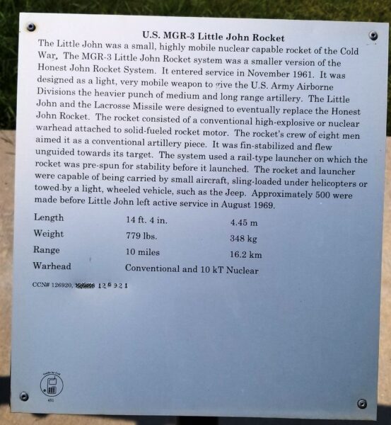 U.S. MGR-3 LITTLE JOHN ROCKET MEMORIAL PLAQUE