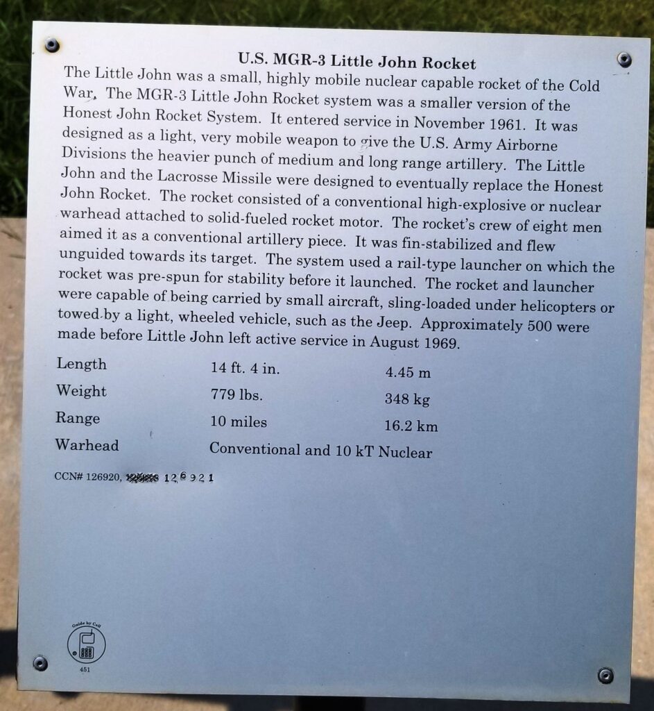 U.S. MGR-3 LITTLE JOHN ROCKET MEMORIAL PLAQUE