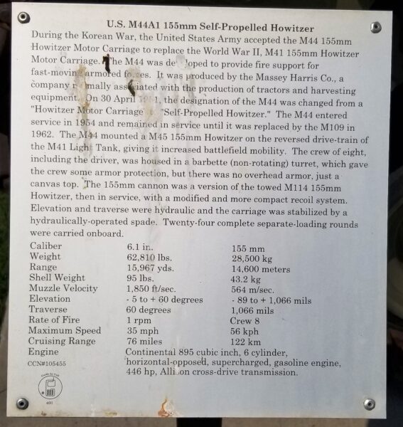 U.S. M44A1 155MM SELF-PROPELLED HOWITZER MEMORIAL PLAQUE