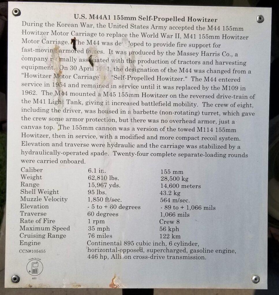 U.S. M44A1 155MM SELF-PROPELLED HOWITZER MEMORIAL PLAQUE