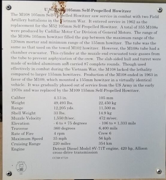 U.S. M108 105MM SELF-PROPELLED HOWITZER MEMORIAL PLAQUE