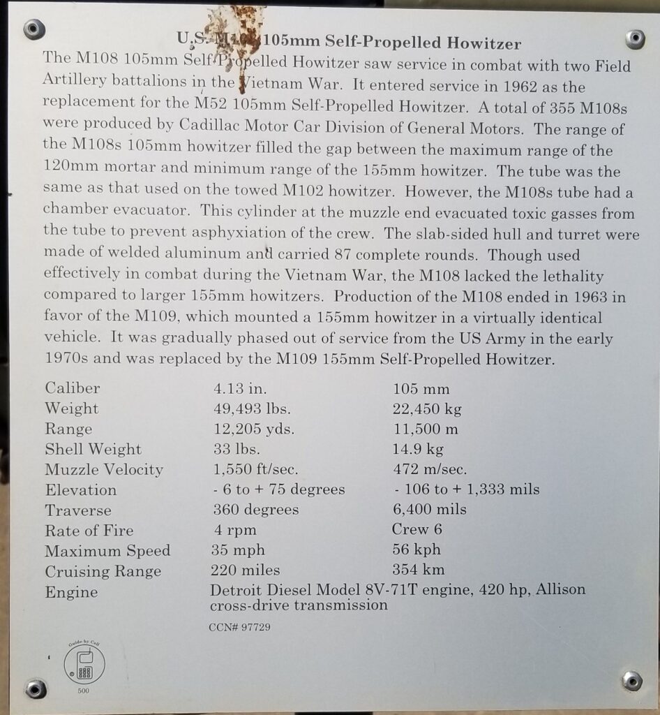 U.S. M108 105MM SELF-PROPELLED HOWITZER MEMORIAL PLAQUE