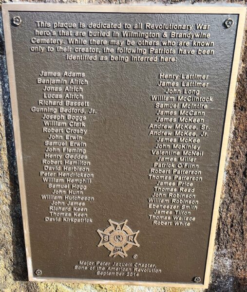 WILMINGTON AND BRANDYWINE CEMETERY REVOLUTIONARY WAR HERO’S MEMORIAL PLAQUE