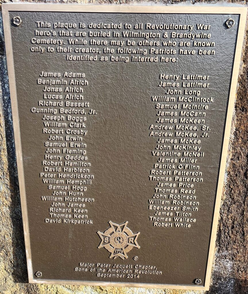 WILMINGTON AND BRANDYWINE CEMETERY REVOLUTIONARY WAR HERO’S MEMORIAL PLAQUE