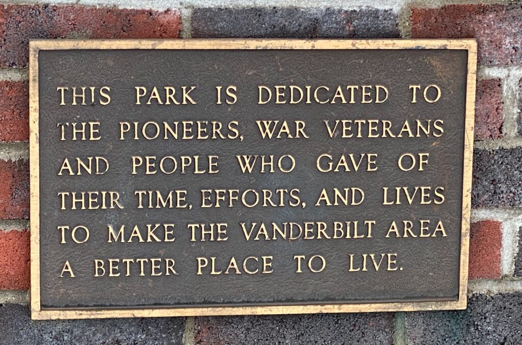 VANDERBILT AREA WAR VETERANS MEMORIAL PARK PLAQUE