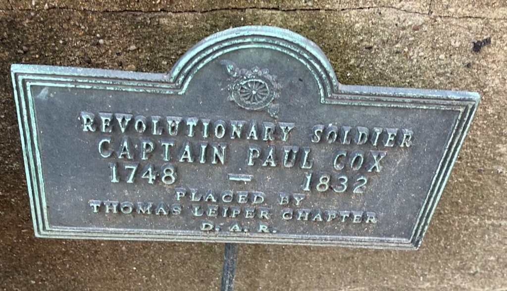 REVOLUTIONARY SOLDIER CAPTAIN PAUL COX MEMORIAL PLAQUE