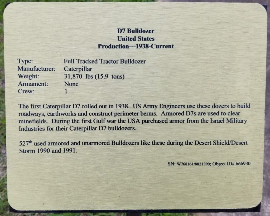 D-7 BULLDOZER WAR MEMORIAL PLAQUE