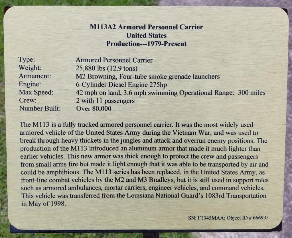 M113A2 ARMORED PERSONNEL CARRIER WAR MEMORIAL PLAQUE