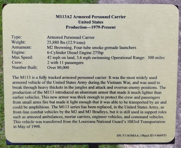 M113A2 ARMORED PERSONNEL CARRIER WAR MEMORIAL PLAQUE
