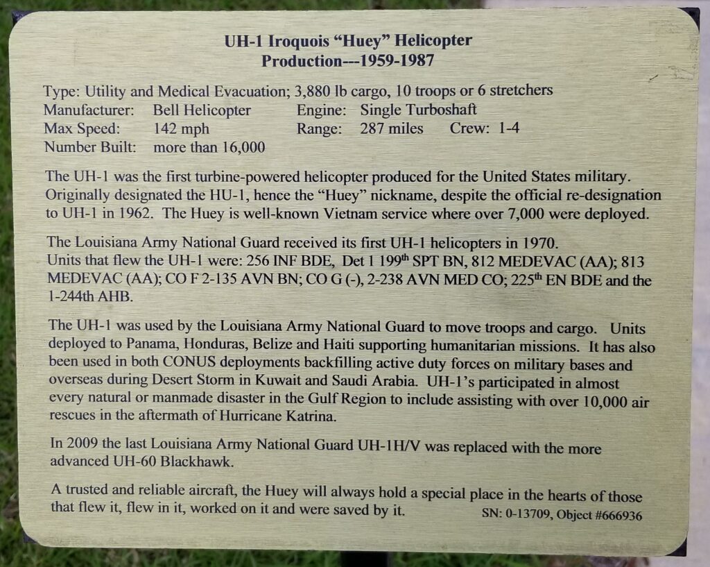 PINEVILLE UH-1 IROQUOIS “HUEY” HELICOPTER MEMORIAL PLAQUE
