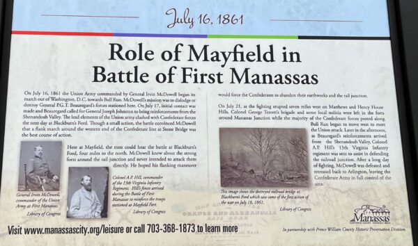 ROLE OF MAYFIELD IN BATTLE OF FIRST MANASSAS MEMORIAL PANEL