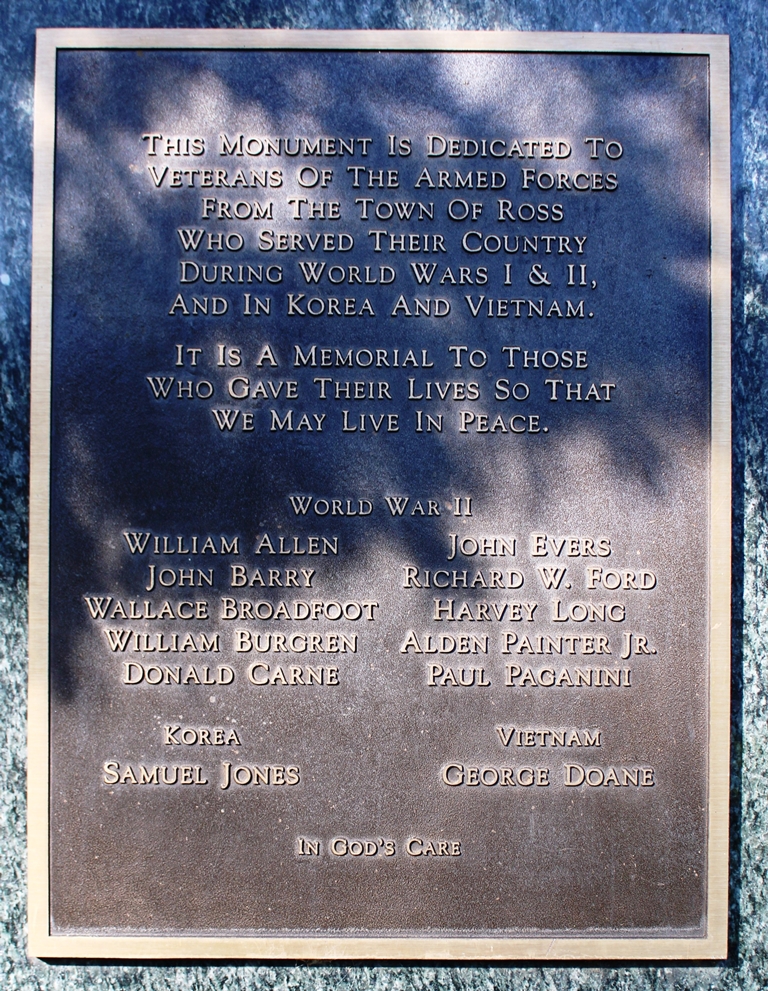 TOWN OF ROSS WAR VETERANS MEMORIAL PLAQUE