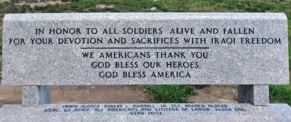 IRAQI FREEDOM WAR MEMORIAL BENCH CLOSE-UP
