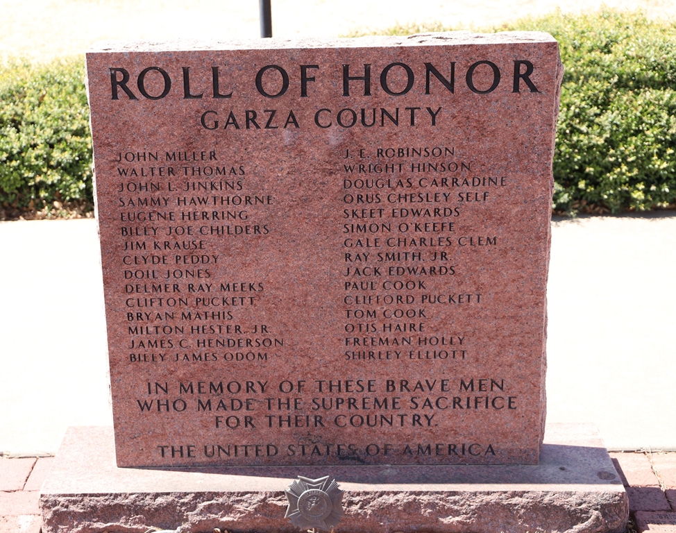 GARZA COUNTY ROLL OF HONOR SUPREME SACRIFICE WAR MEMORIAL
