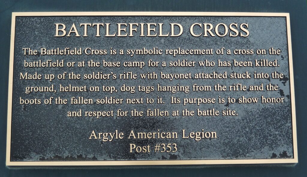 ARGYLE AMERICAN LEGION POST #353 BATTLEFIELD CROSS MEMORIAL PLAQUE