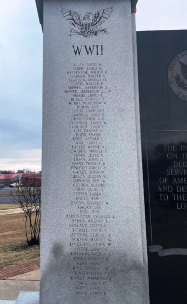 NORTH LONOKE COUNTY WORLD WAR II MEMORIAL LEFT COLUMN