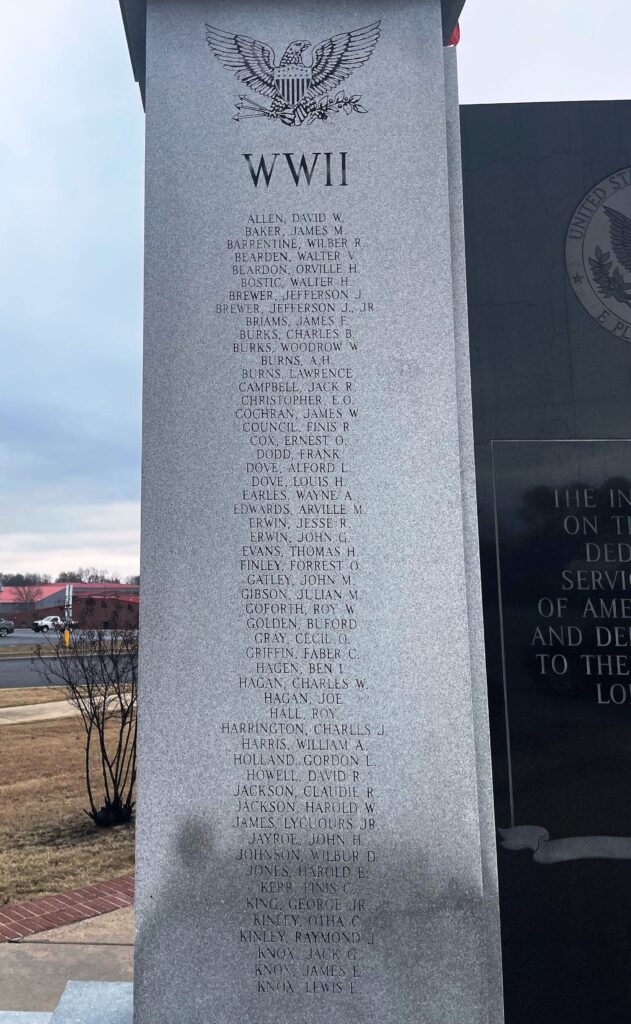 NORTH LONOKE COUNTY WORLD WAR II MEMORIAL LEFT COLUMN