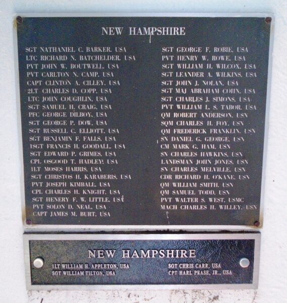 NEW HAMPSHIRE MEDAL OF HONOR RECIPIENTS WAR MEMORIAL PLAQUE