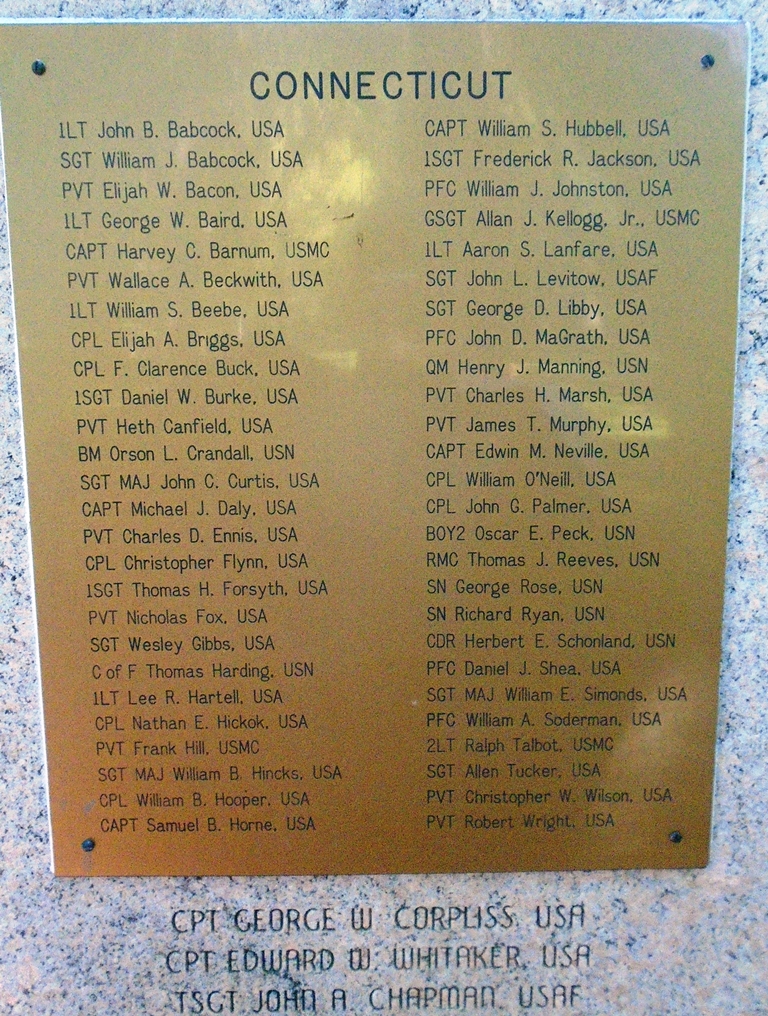 CONNECTICUT MEDAL OF HONOR RECIPIENTS WAR MEMORIAL PLAQUE
