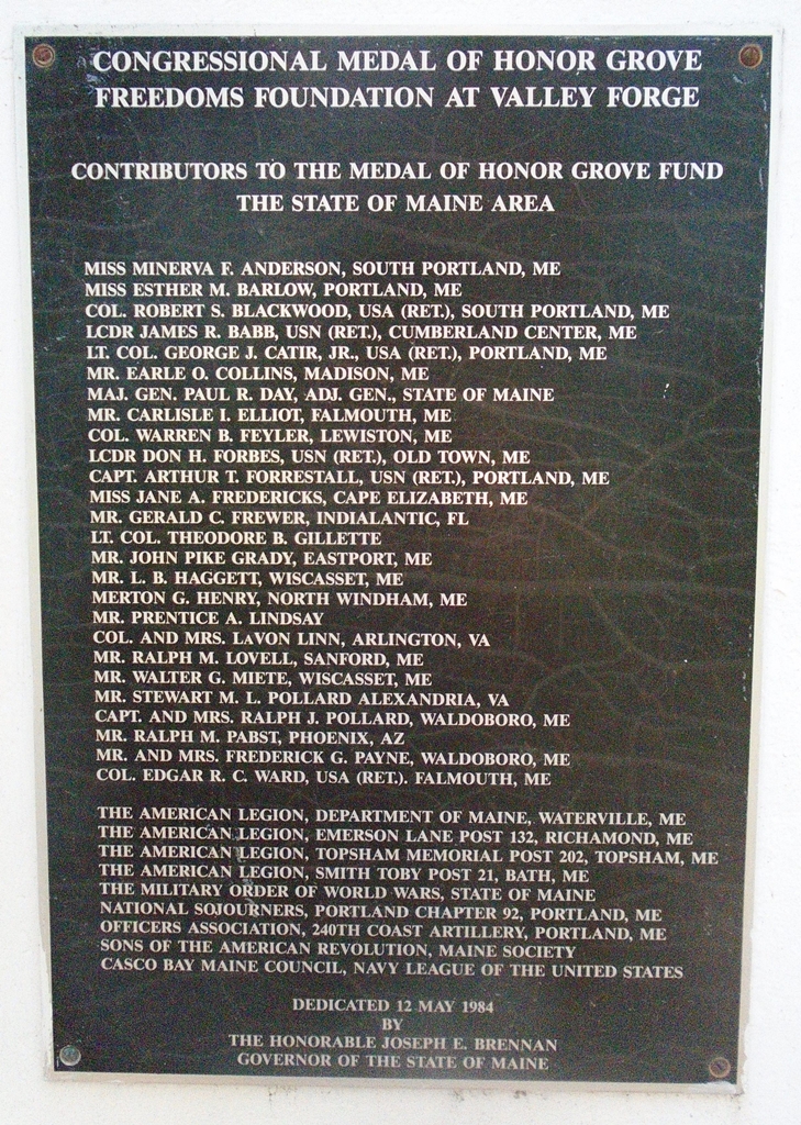 MAINE MEDAL OF HONOR WAR MEMORIAL GROVE PLAQUE