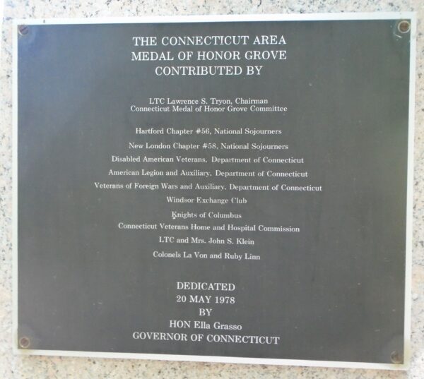 THE CONNECTICUT AREA MEDAL OF HONOR GROVE MEMORIAL PLAQUE
