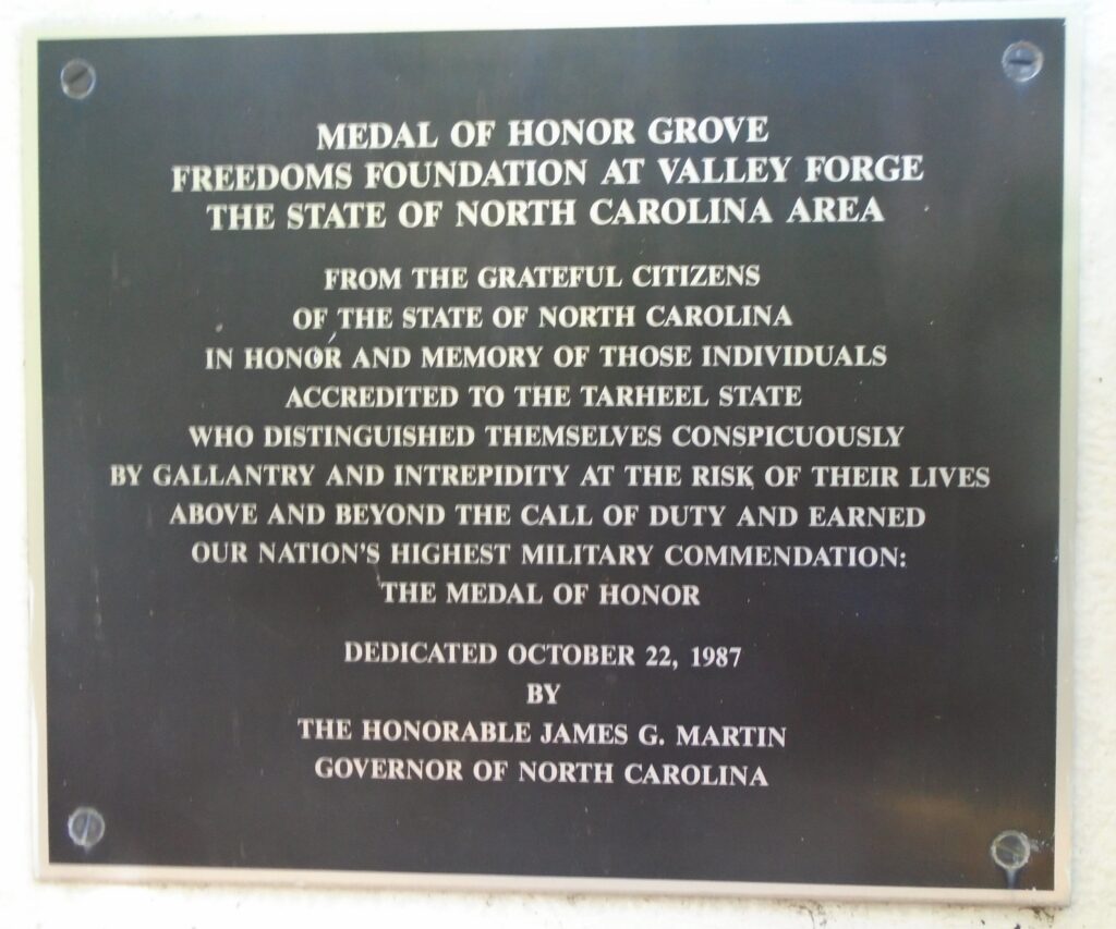 NORTH CAROLINA MEDAL OF HONOR GROVE MEMORIAL PLAQUE