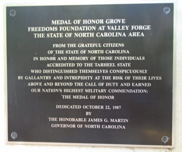 NORTH CAROLINA MEDAL OF HONOR GROVE MEMORIAL PLAQUE