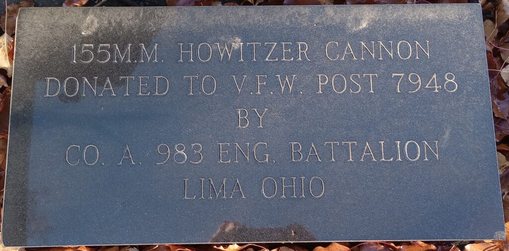 V.F.W. POST 7948 155MM HOWITZER CANNON MEMORIAL PLAQUE A