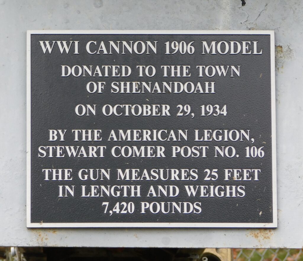 TOWN OF SHENANDOAH WWI CANNON 1906 MODEL MEMORIAL PLAQUE