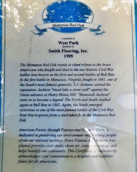 MANASSAS RED OAK WAR MEMORIAL PLAQUE