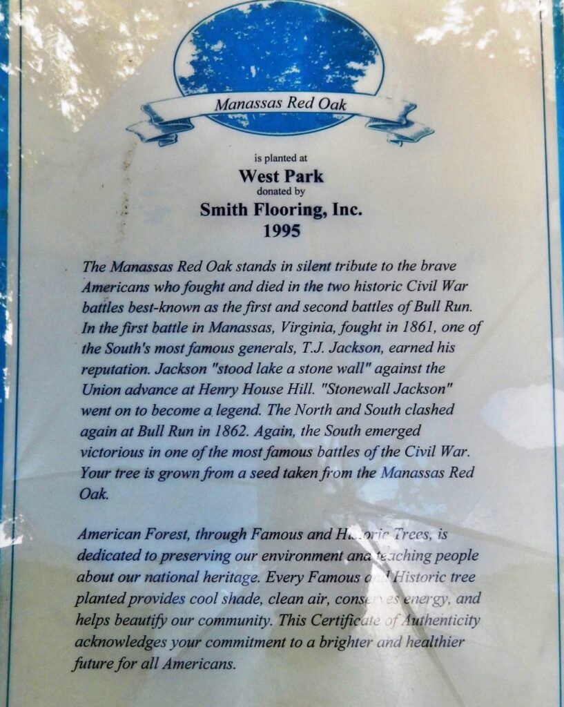 MANASSAS RED OAK WAR MEMORIAL PLAQUE