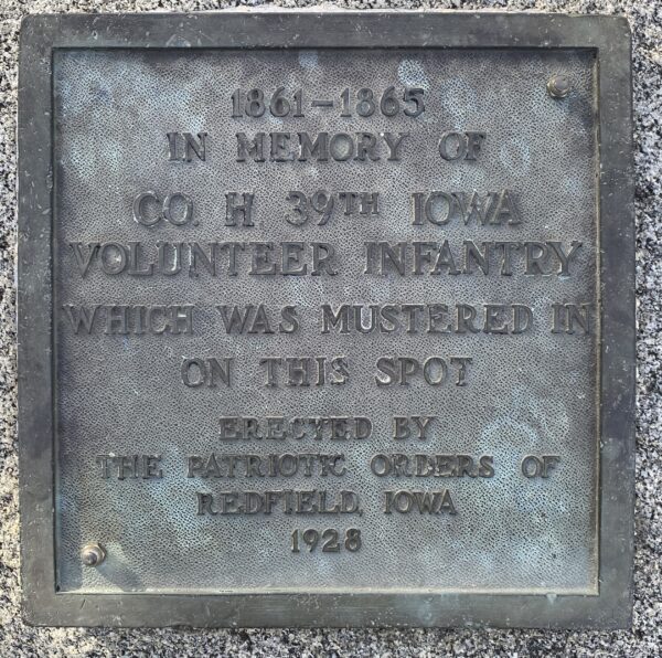 CO. H. 39TH IOWA VOLUNTEER INFANTRY WAR MEMORIAL PLAQUE